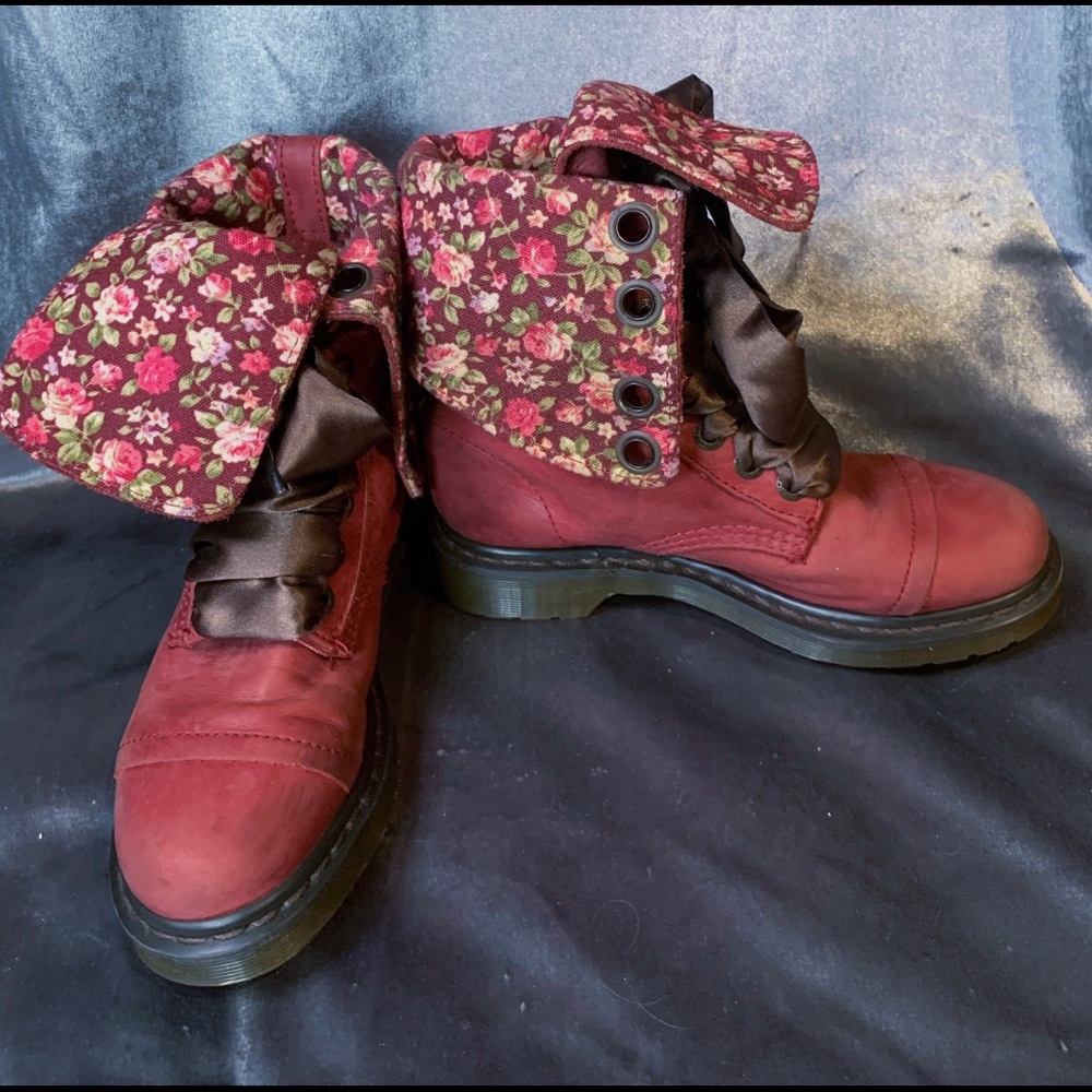 Dr. Martens Red Triumph 1914 Fold-Down Boots w/ Floral Lining